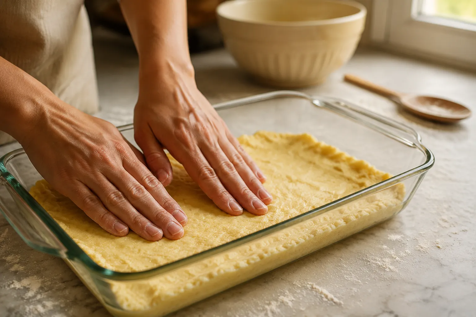 Pressing yellow cake mix crust into 9x13 pan for Neiman Marcus cake