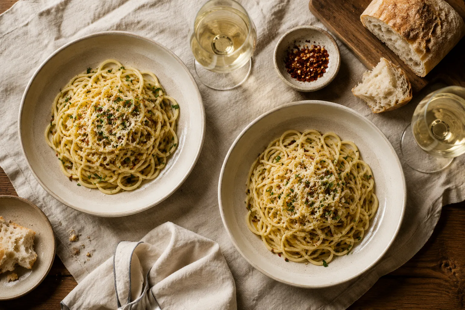 Aglio e olio served family-style with wine and crusty bread