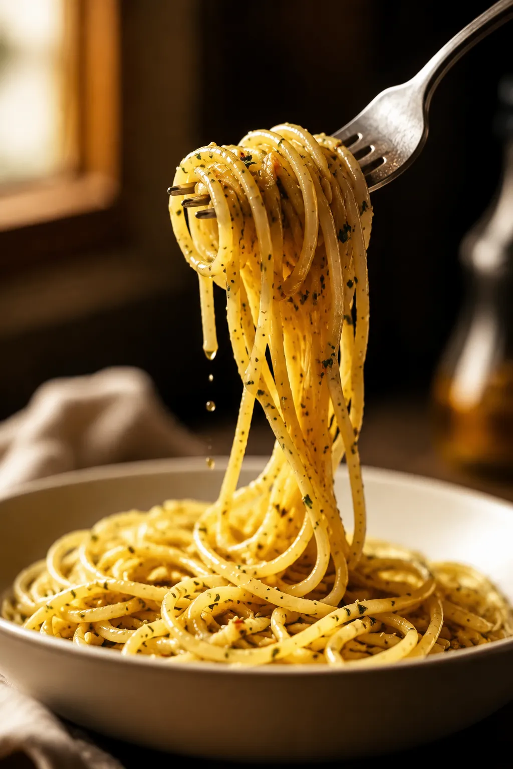 Forkful of aglio e olio spaghetti lifted from the bowl