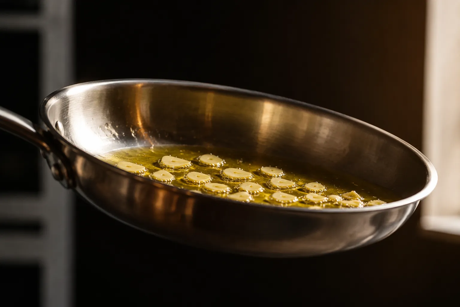 Perfectly golden garlic slices in olive oil for aglio e olio without burning