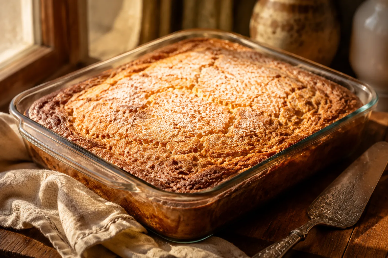 Baked Neiman Marcus cake in 9x13 pan dusted with powdered sugar