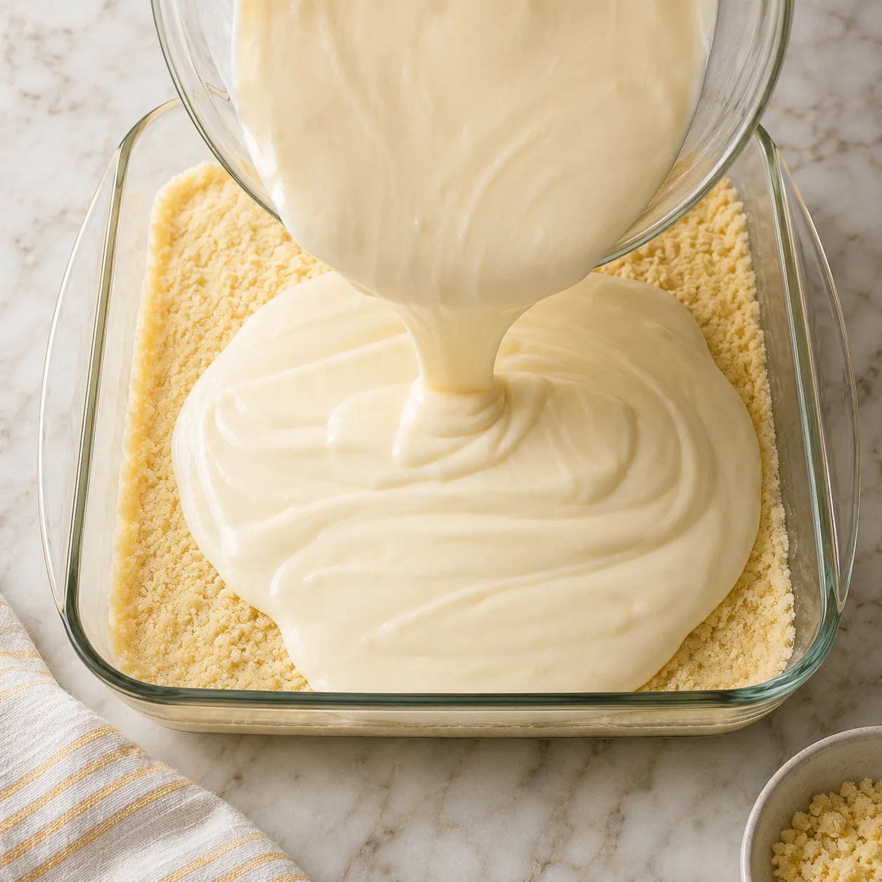 Pouring cream cheese topping over crust for Neiman Marcus cake recipe