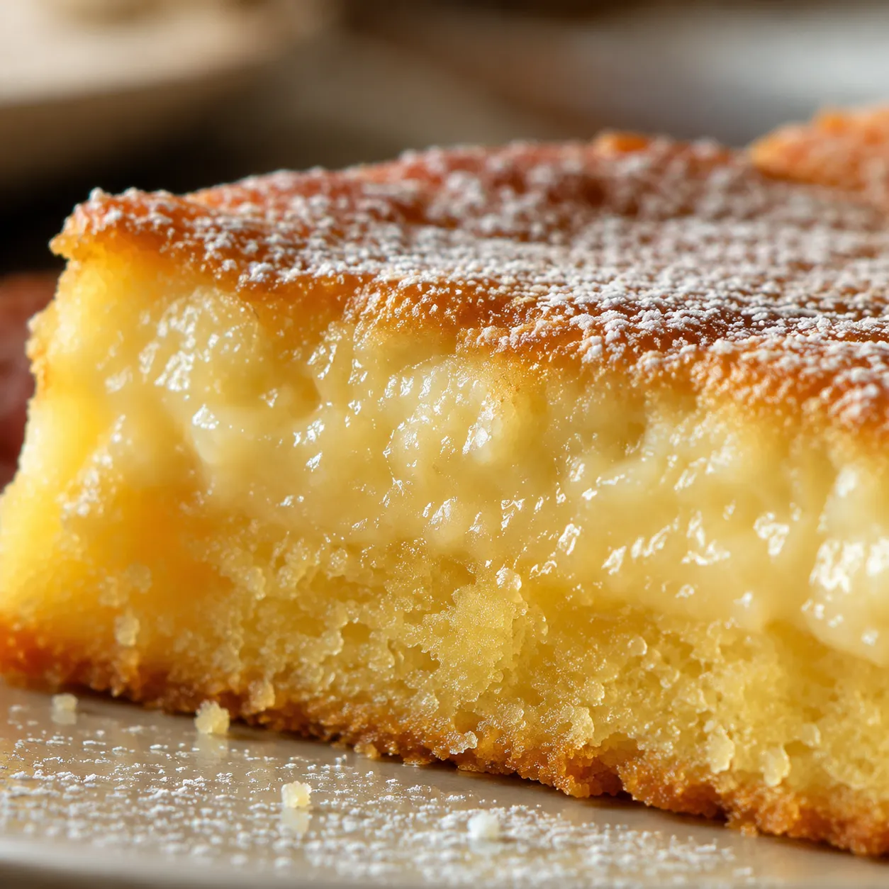 Close-up of Neiman Marcus cake layers showing gooey cream cheese top