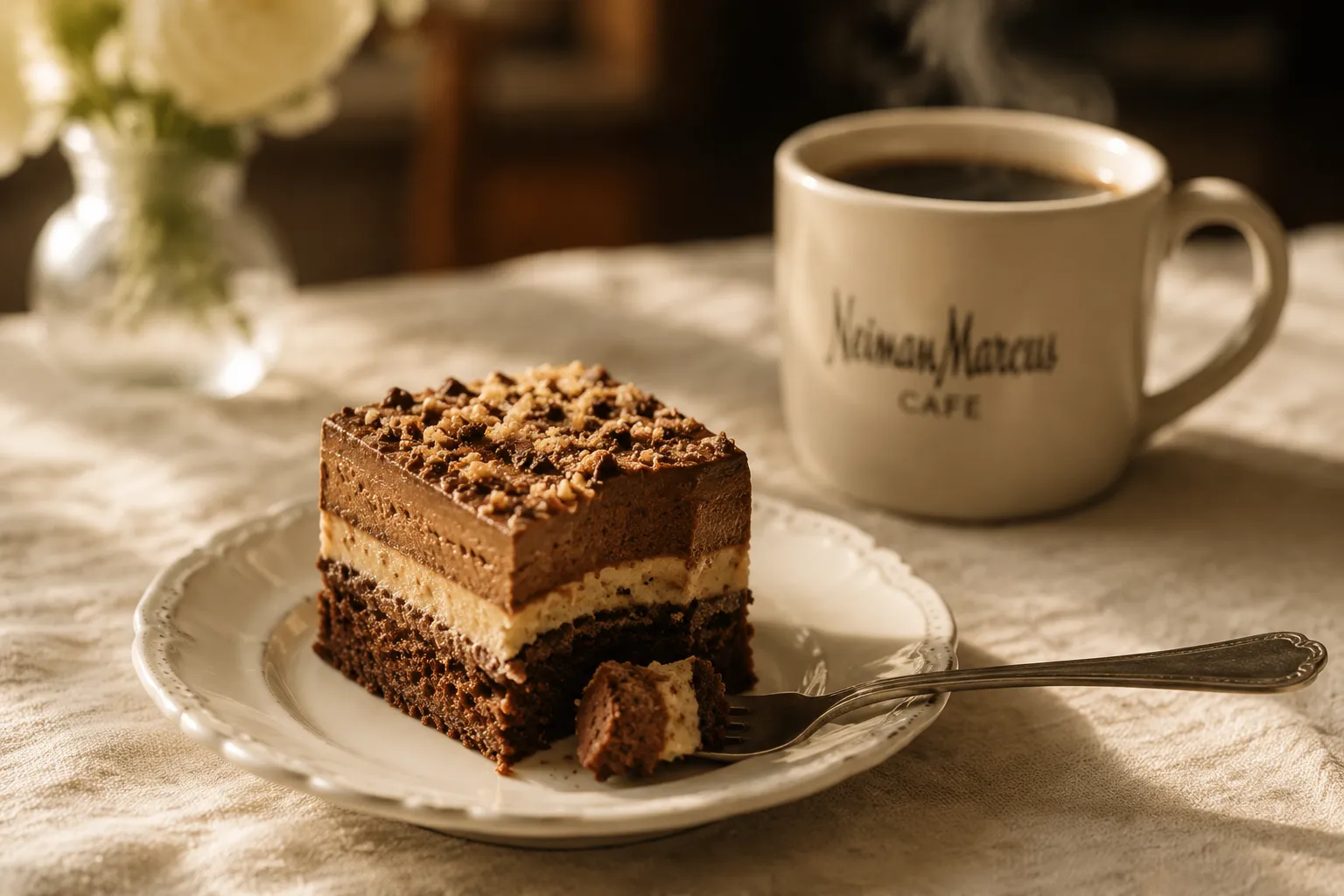 Serving Neiman Marcus cake square with coffee on vintage plate