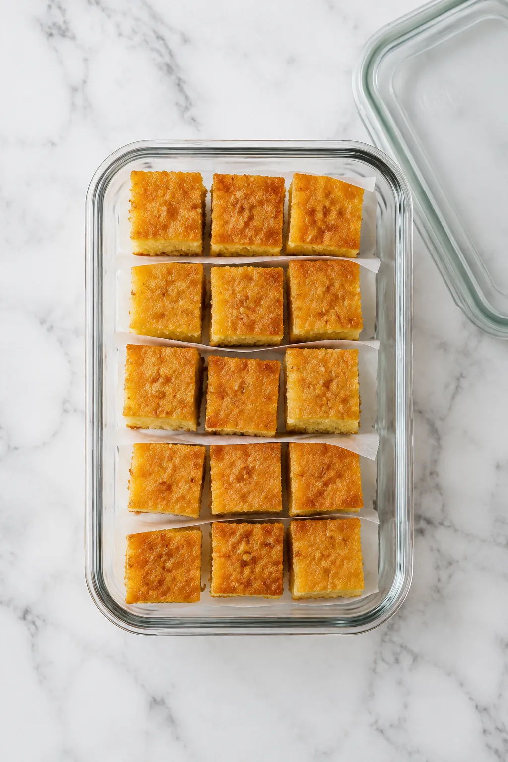 Storing Neiman Marcus cake squares in glass container for the fridge