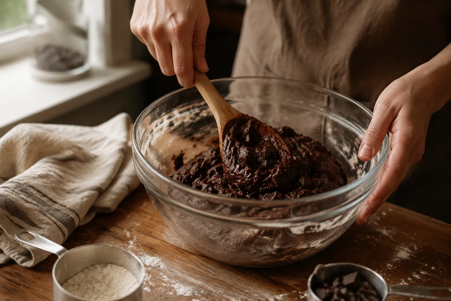 Mixing chocolate chunks into peppermint chocolate cookie dough