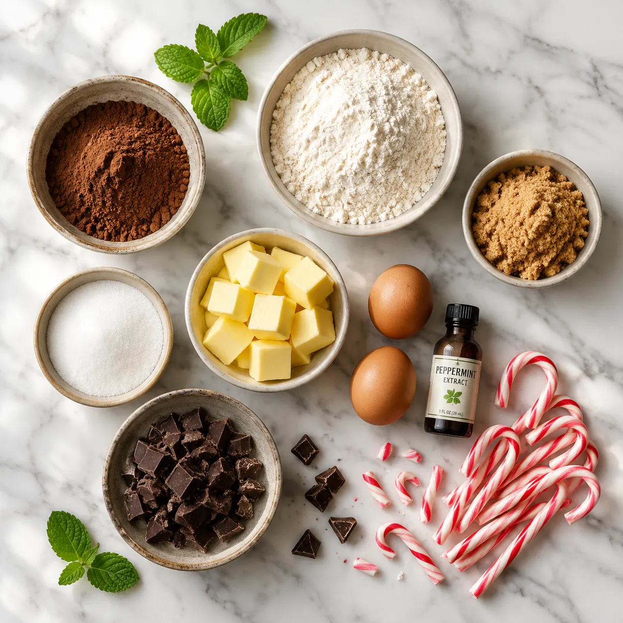 Ingredients for chocolate peppermint cookies recipe arranged on marble