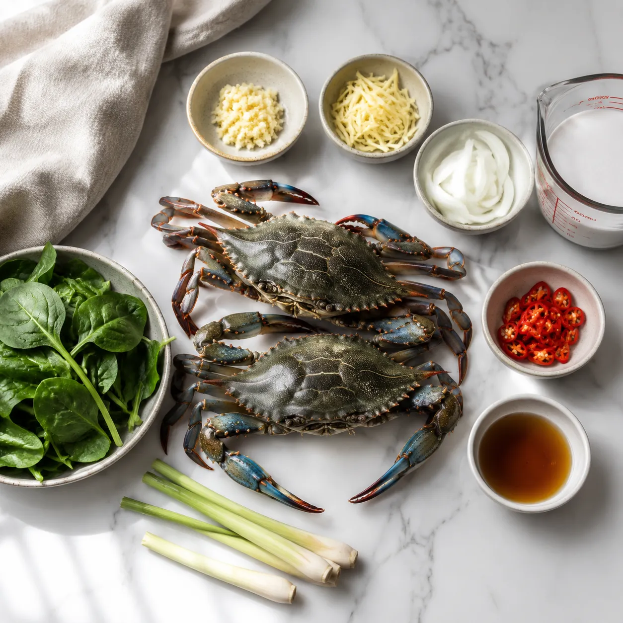 Ingredients for crab and coconut curry arranged on marble