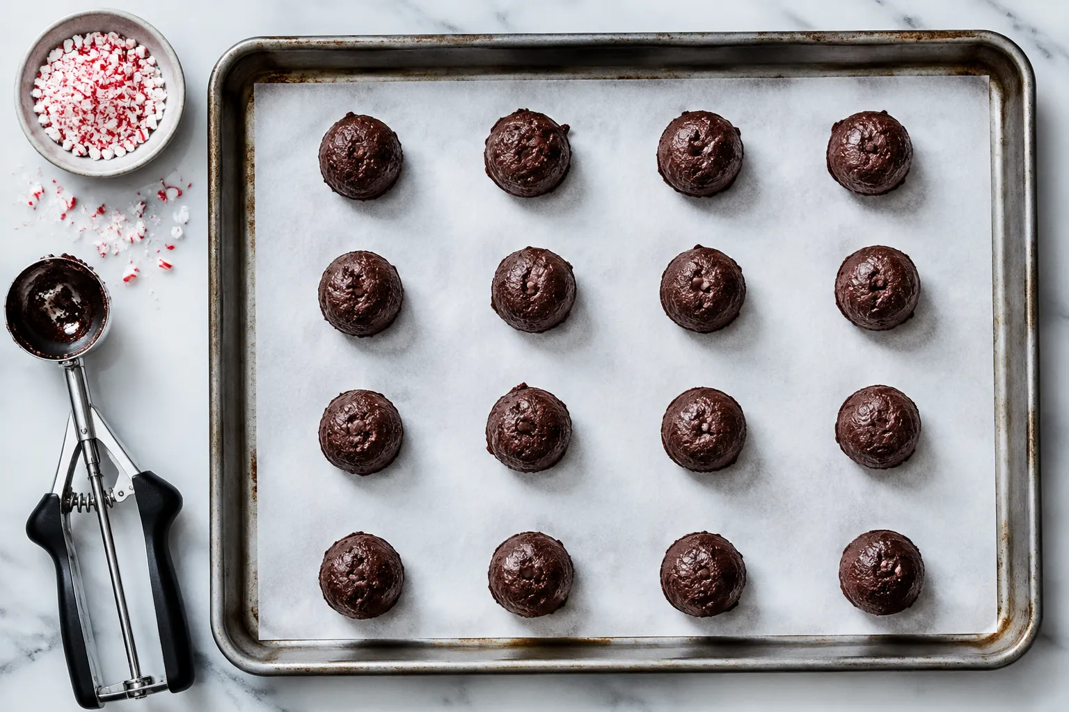 Chocolate peppermint cookie dough balls on a parchment-lined baking sheet