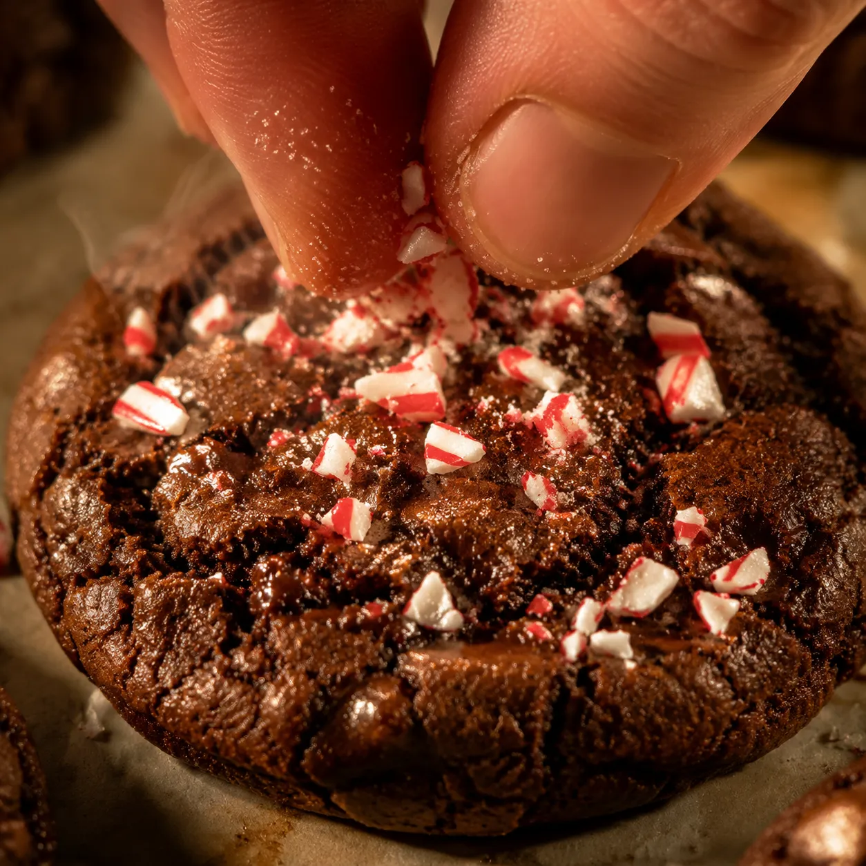 Pressing crushed candy canes onto warm chocolate peppermint cookies