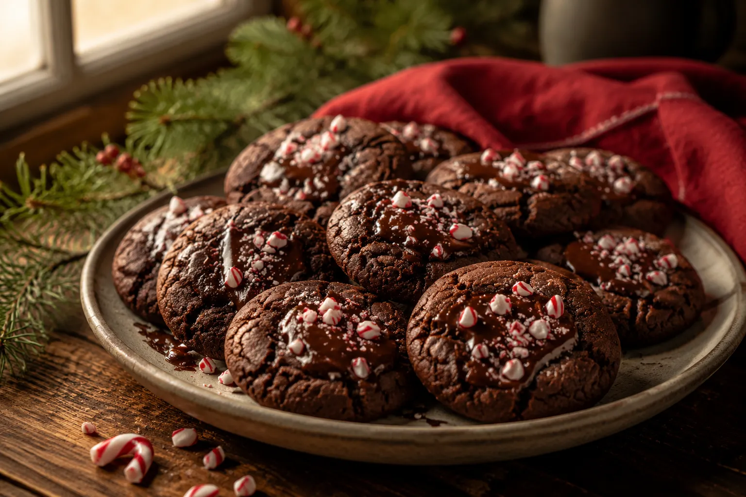 Plated chocolate peppermint cookies with crackly tops and candy cane topping