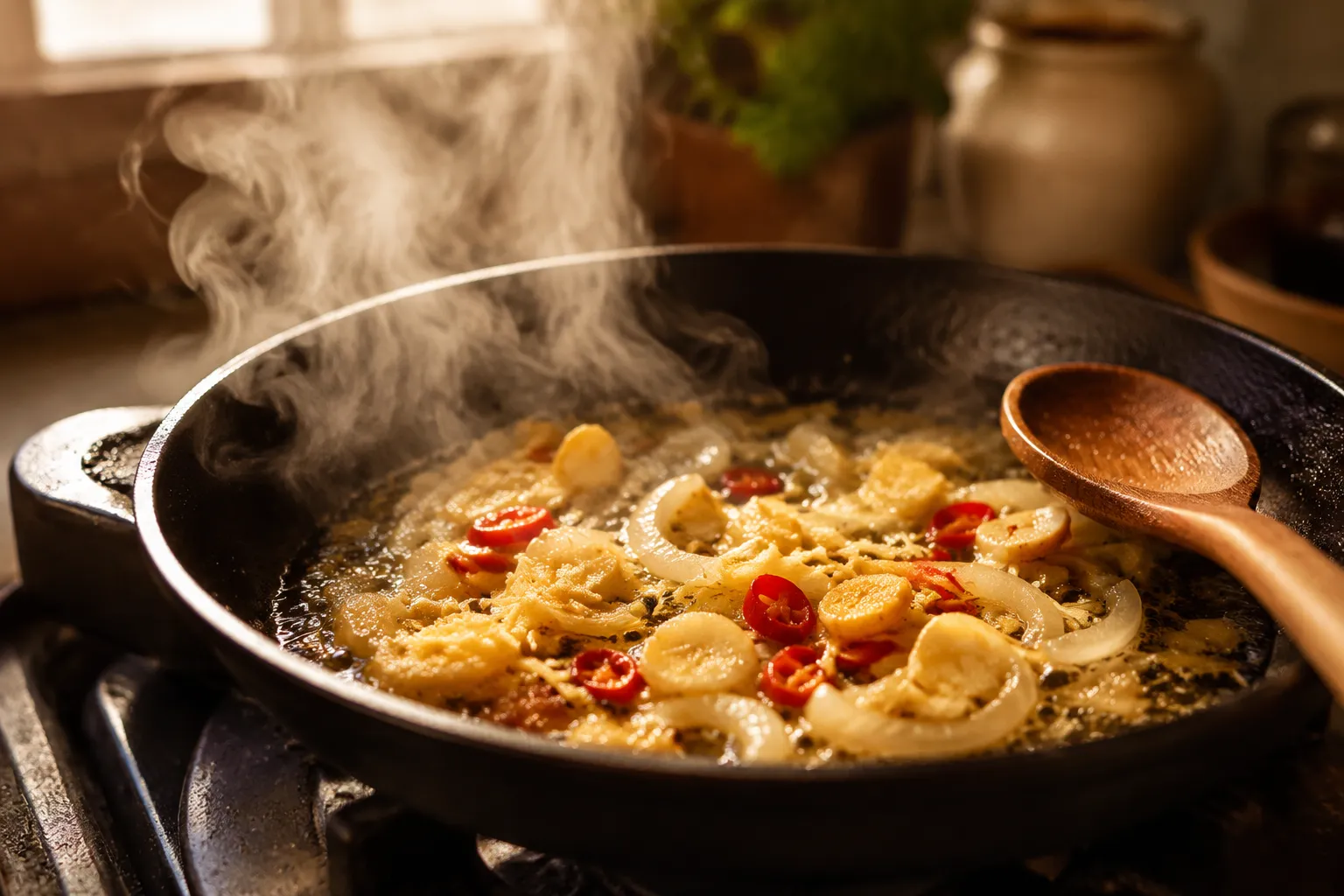 Sautéing ginger and garlic for coconut crab curry