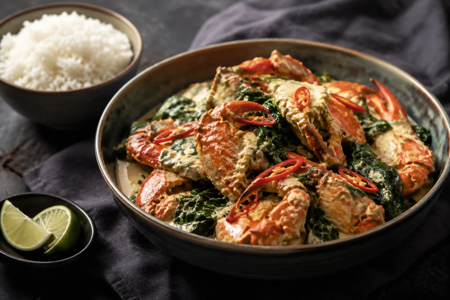 Plated crab and coconut curry with jasmine rice
