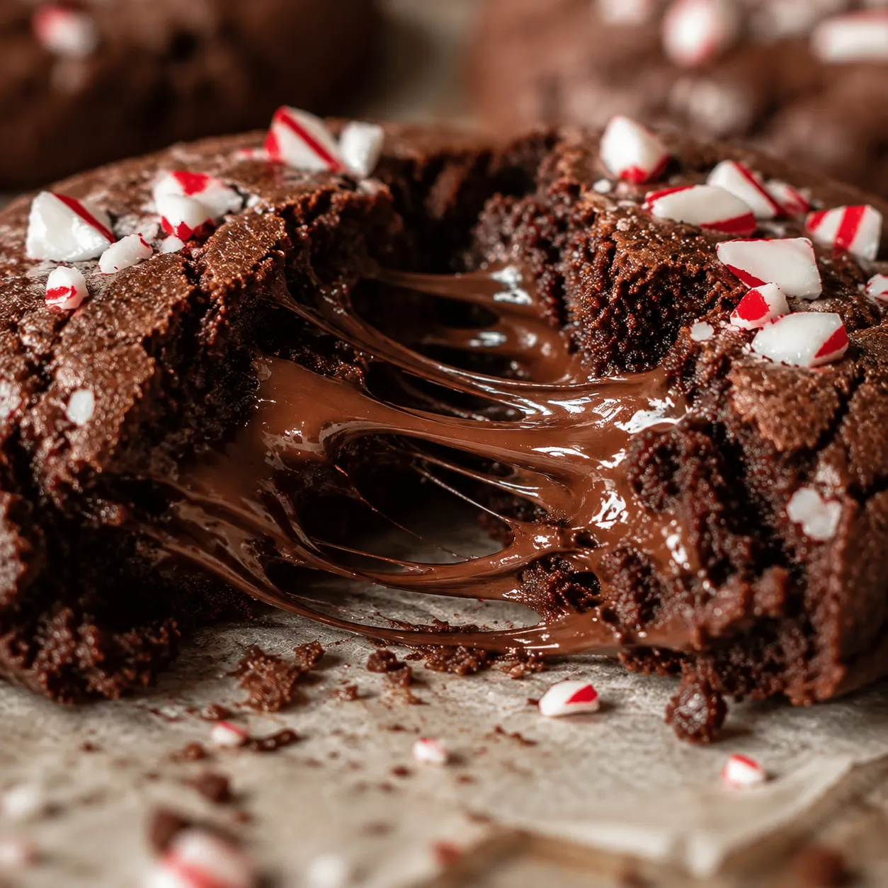 Fudgy interior of a double chocolate peppermint cookie with melted chocolate