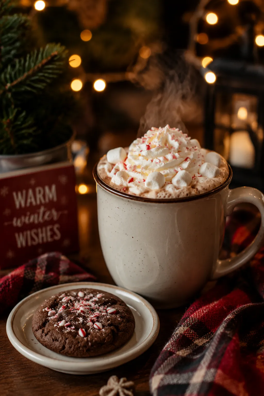 Chocolate peppermint cookie served with hot cocoa and whipped cream