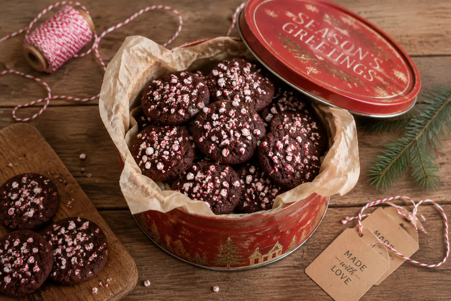 Chocolate peppermint cookies packed in a holiday cookie tin for gifting