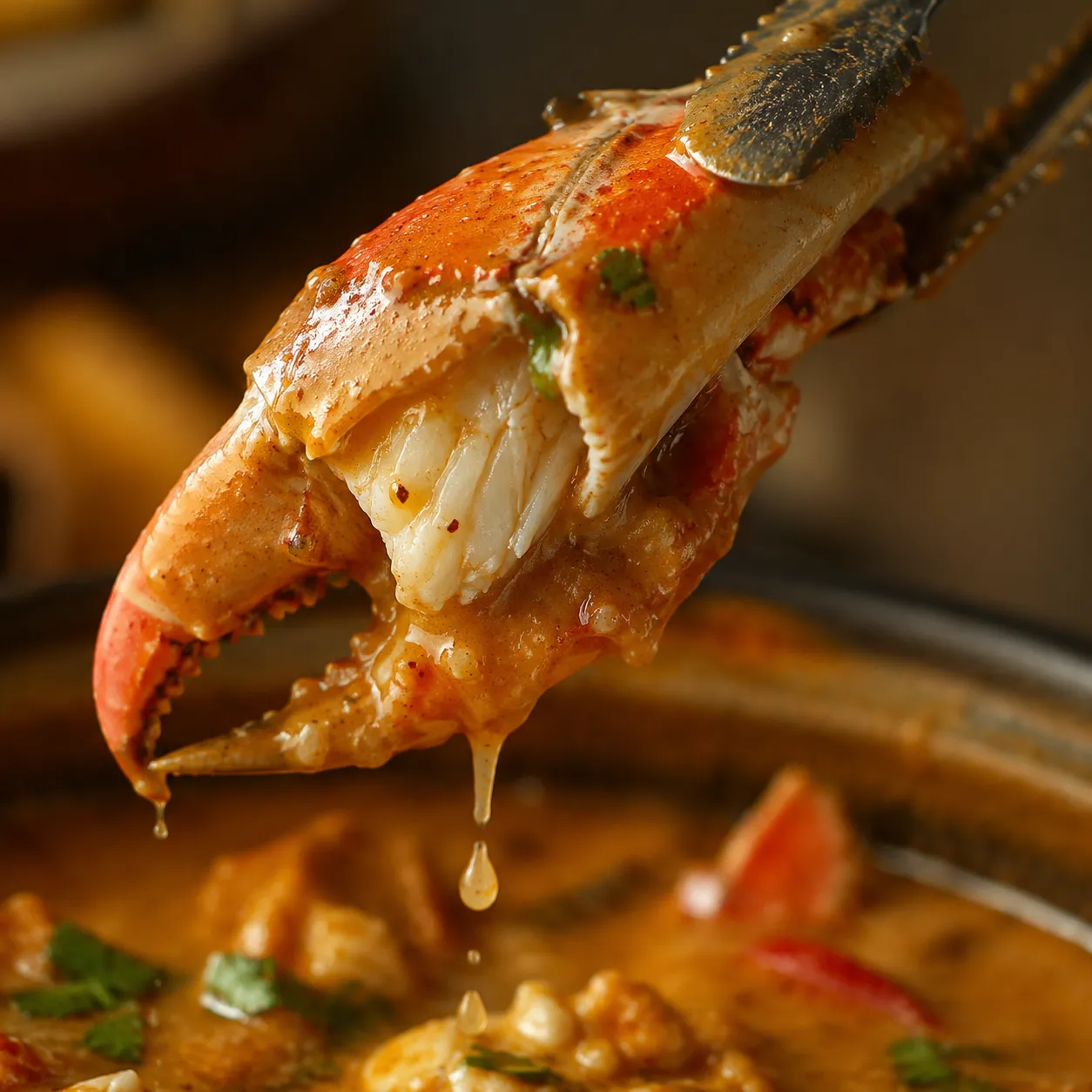 Close-up of crab claw in coconut curry sauce