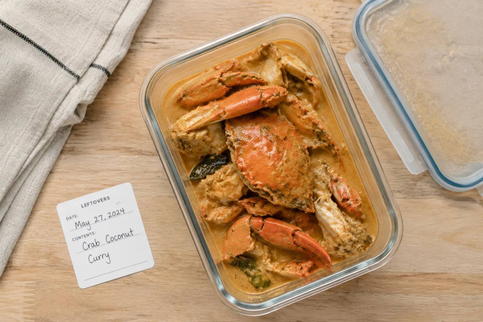 Storing leftover crab and coconut curry in a glass container