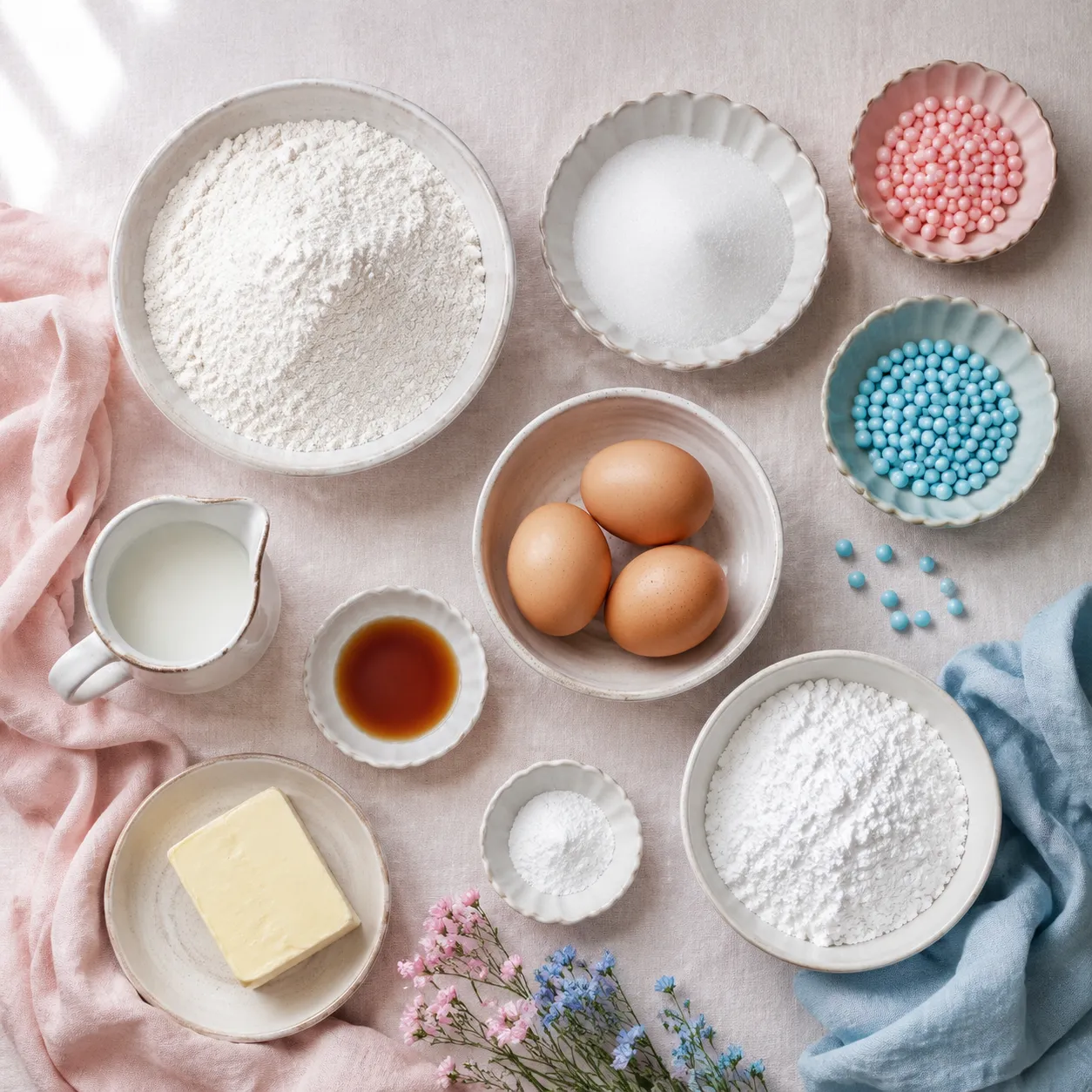 Gender reveal cake ingredients flatlay with flour sugar eggs and pink blue candies