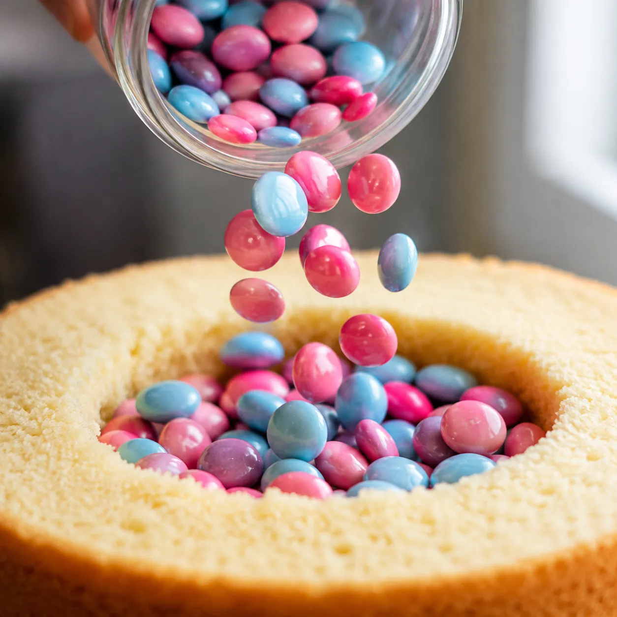 Pouring pink and blue candy into gender reveal cake center