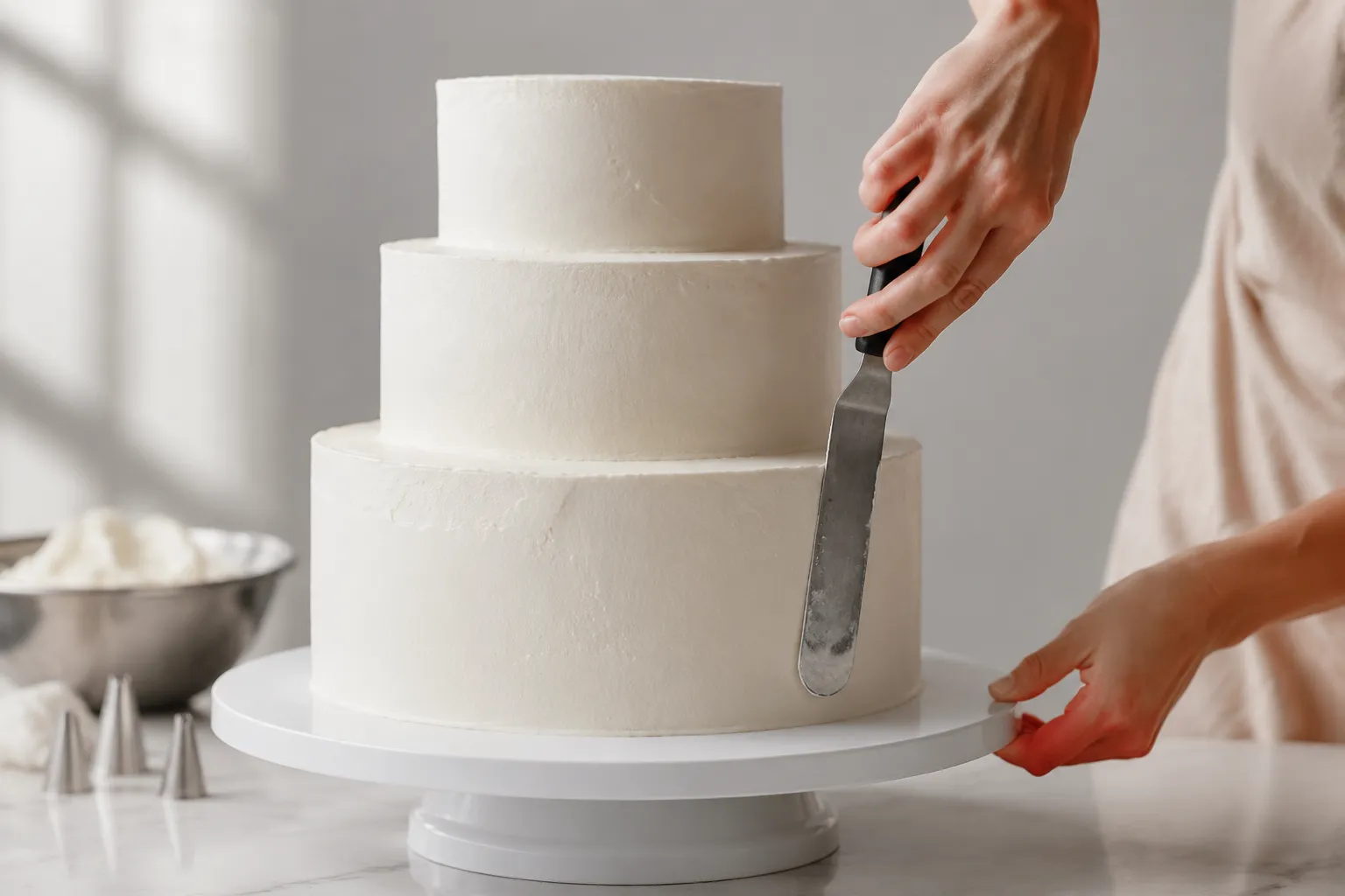 Frosting gender reveal cake with white vanilla buttercream