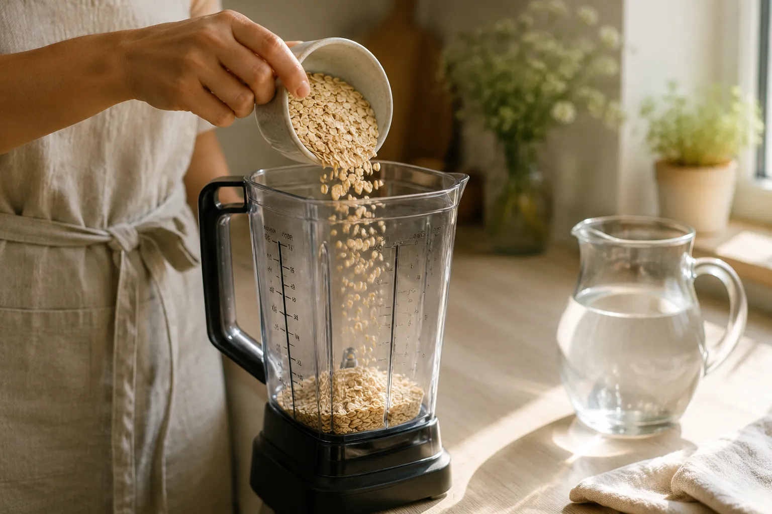Pouring rolled oats into blender to make homemade oat milk