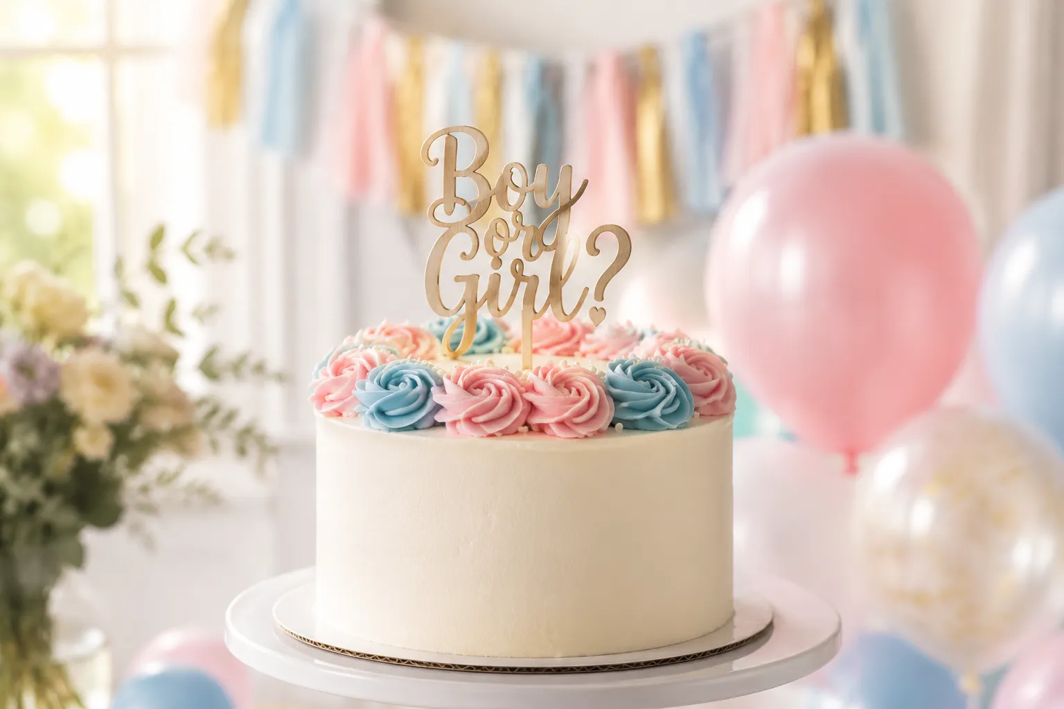 Decorated gender reveal cake with pink and blue rosettes and topper
