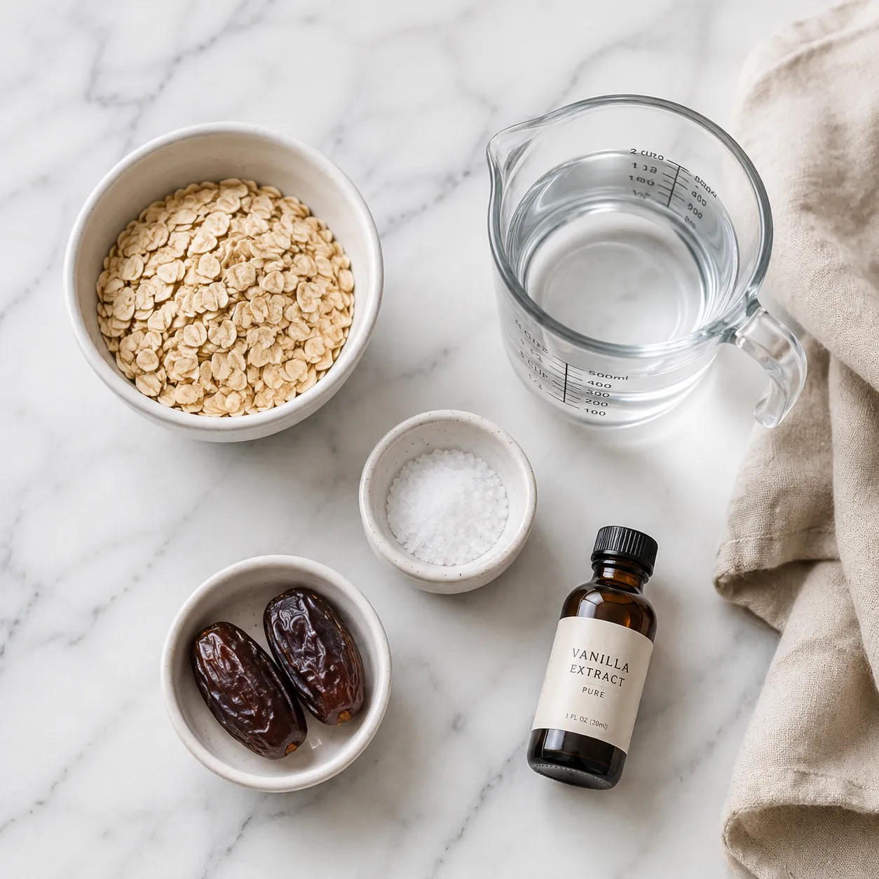 Ingredients for homemade oat milk including rolled oats water salt and dates