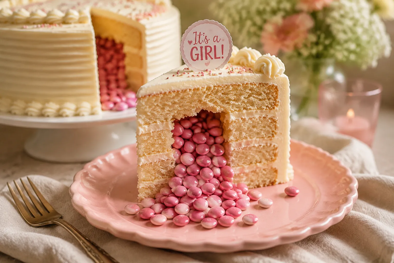 Slice of gender reveal cake showing pink candy interior