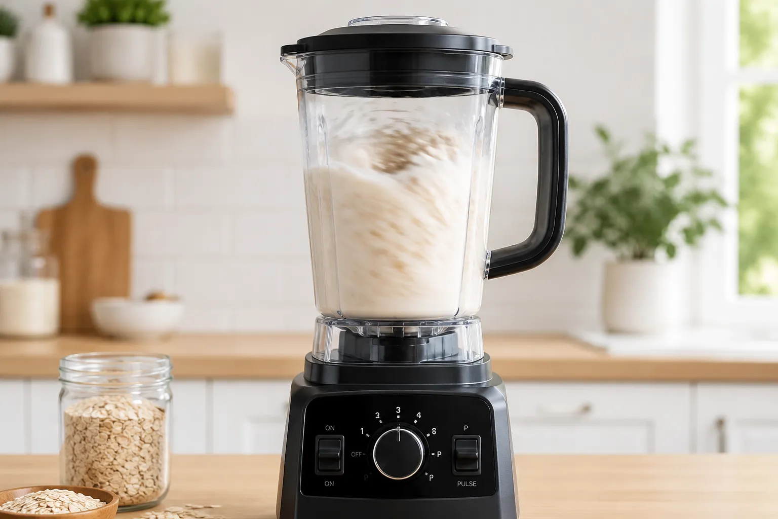 Blending oats and water to make creamy oat milk at home