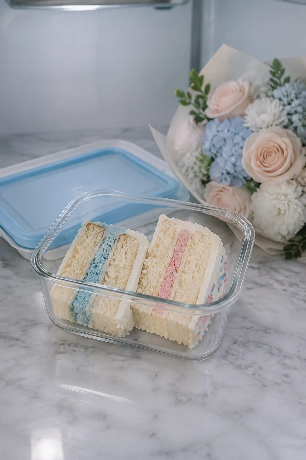 Storing leftover gender reveal cake slices in a glass container