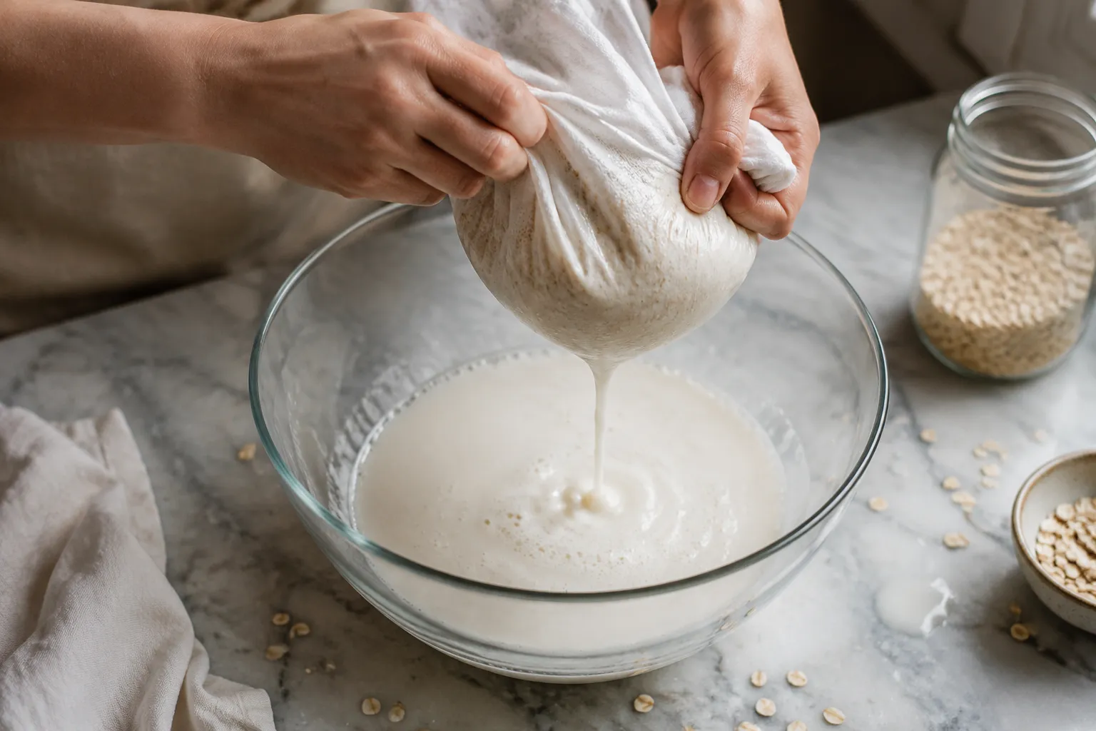 Straining homemade oat milk through a nut milk bag into a glass bowl