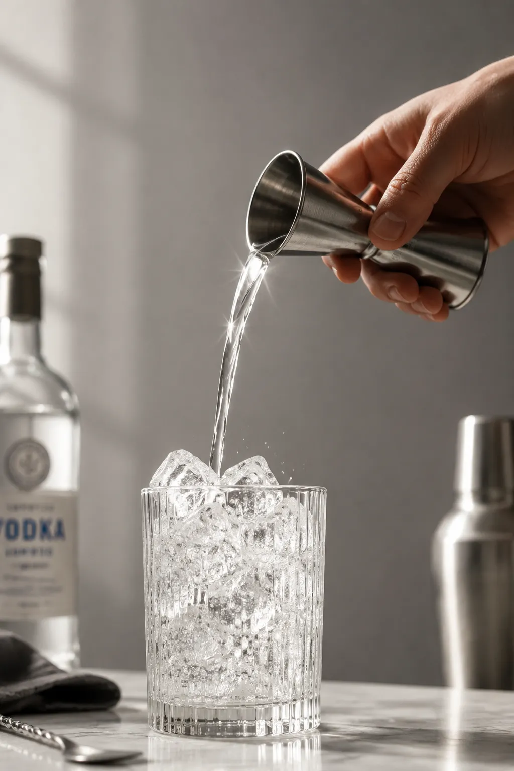 Pouring vodka over ice for a dirty Shirley cocktail