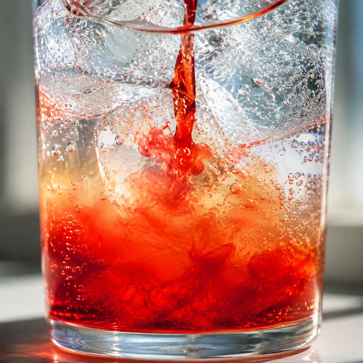 Grenadine swirling into soda to create a dirty Shirley color gradient