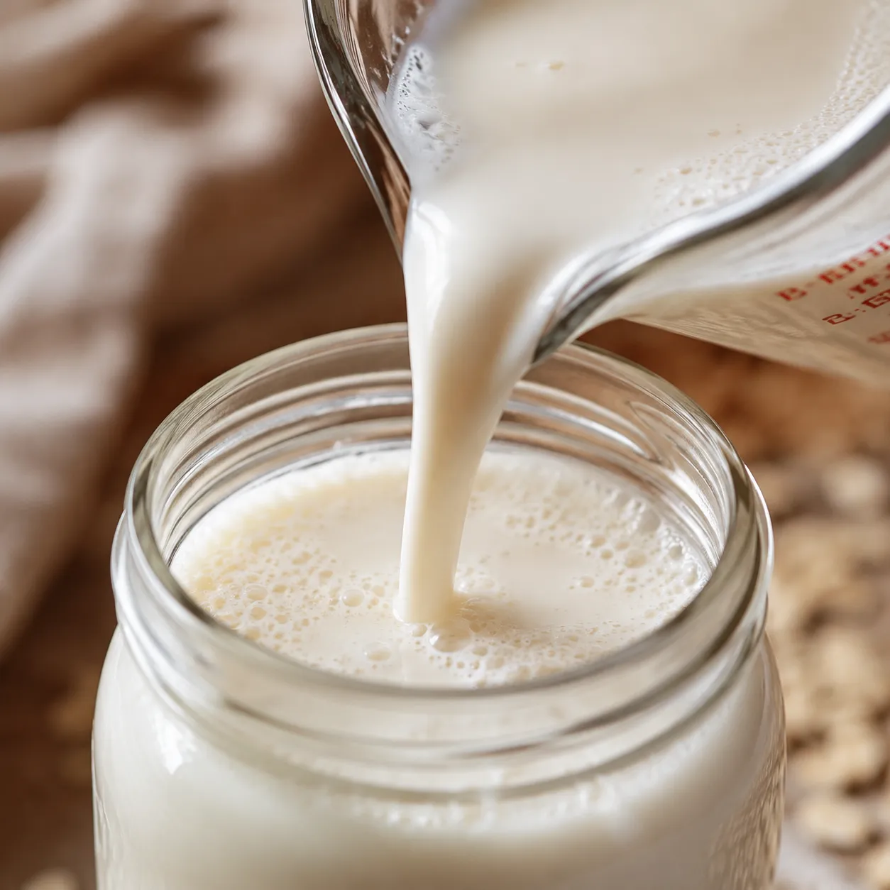 Close-up of creamy non-slimy homemade oat milk pouring into a jar