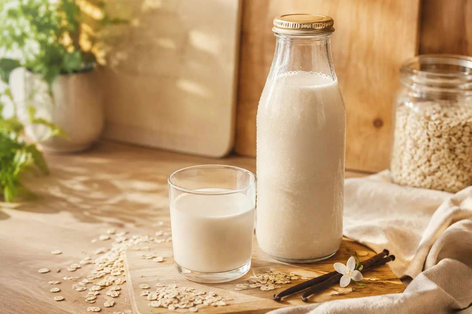 Finished bottle of homemade oat milk recipe ready to serve