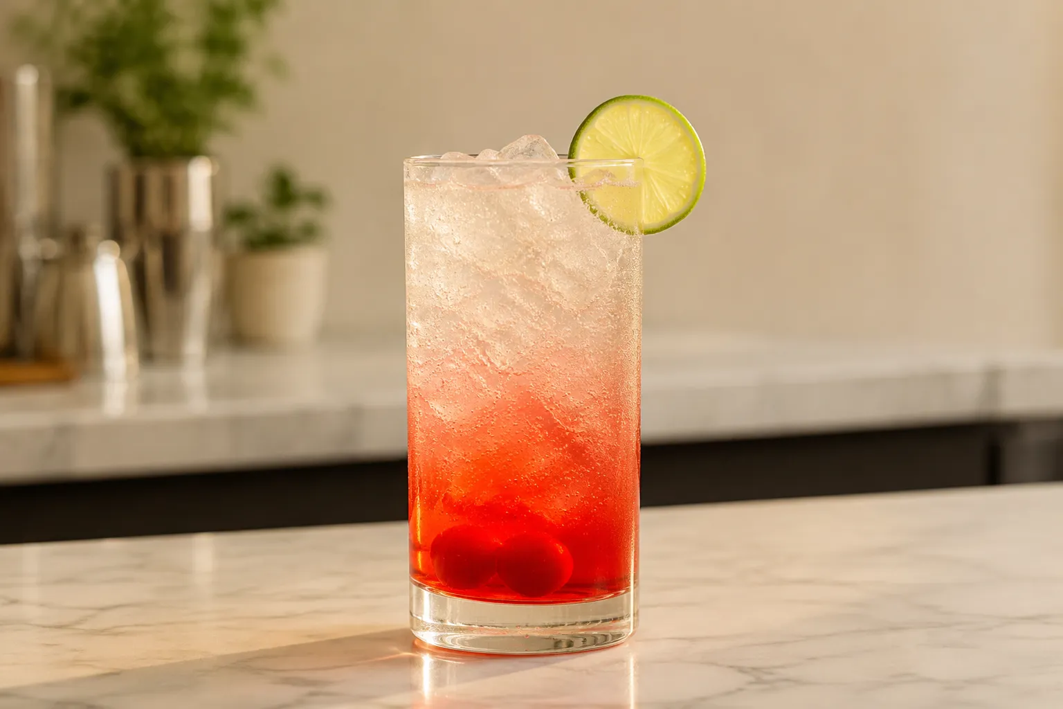 Finished dirty Shirley cocktail with red gradient, cherries, and lime
