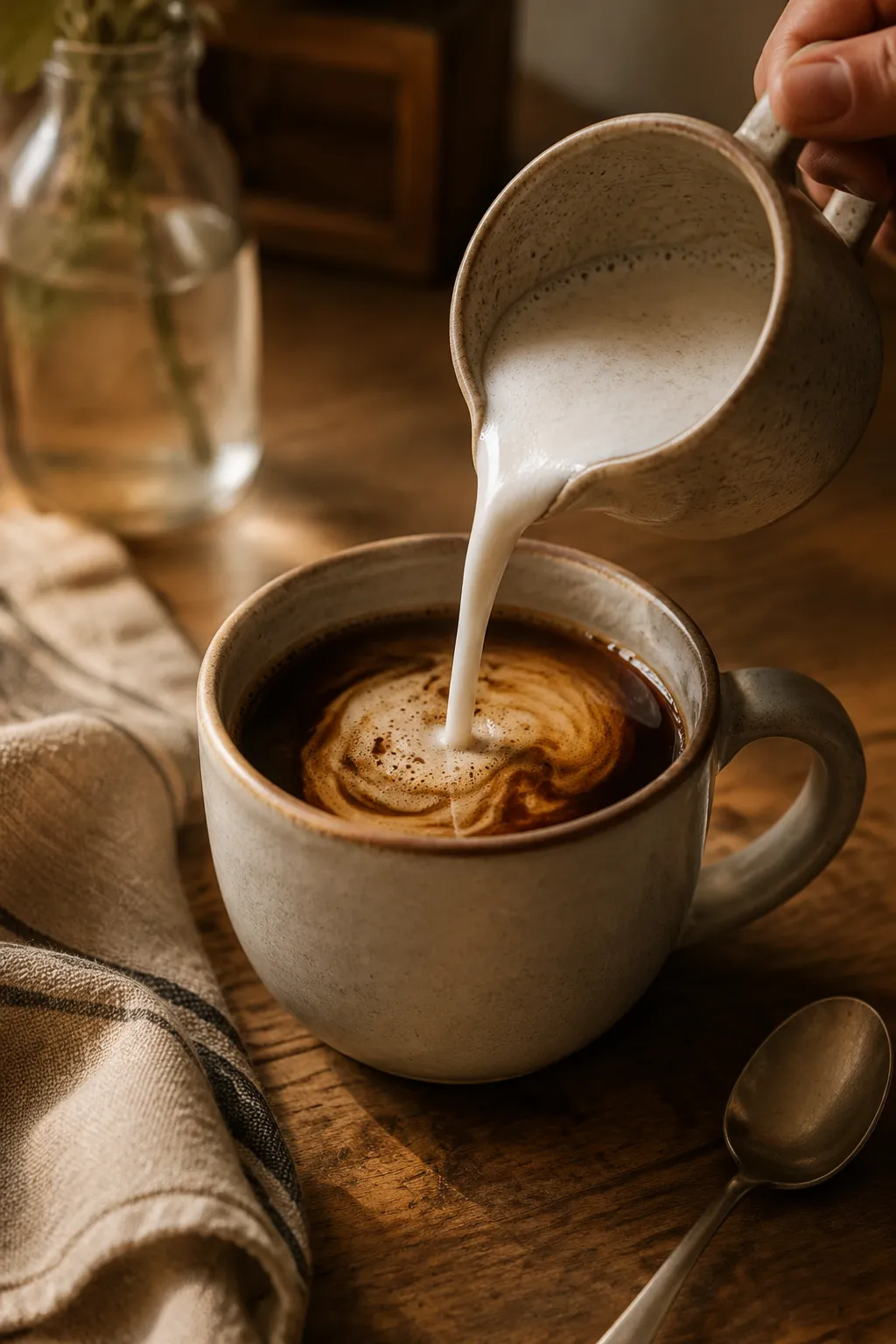 Pouring homemade oat milk into espresso for a dairy-free latte