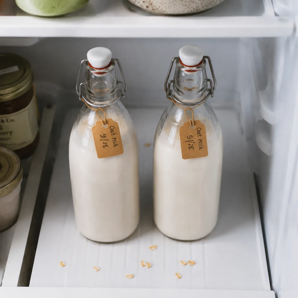 Storing homemade oat milk in glass bottles in the refrigerator