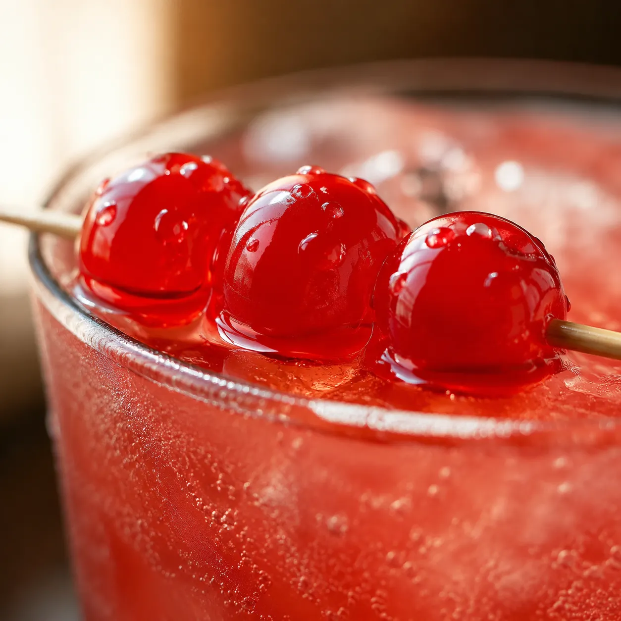 Close-up of glistening maraschino cherries garnishing a dirty Shirley