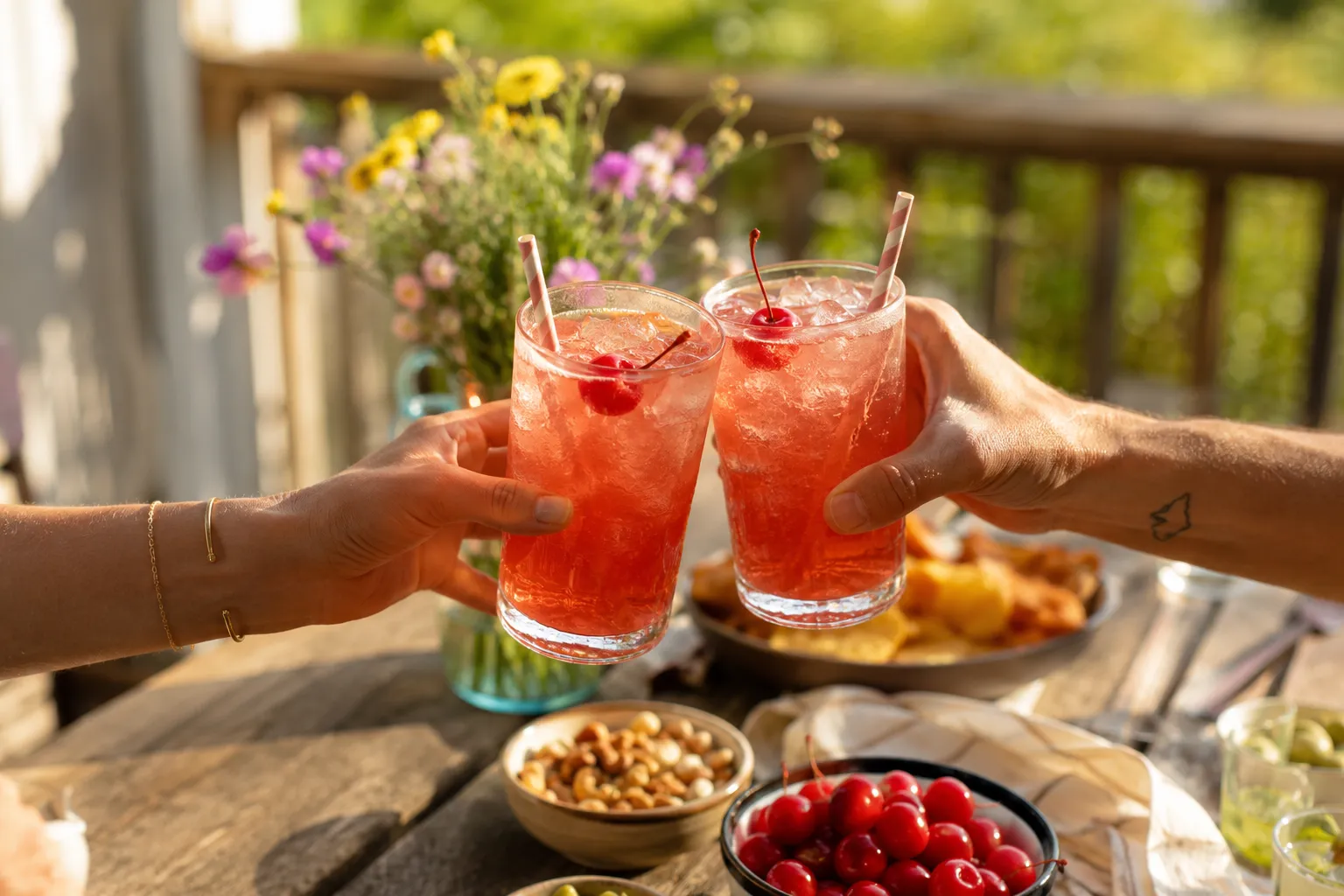 Two dirty Shirley cocktails cheers at an outdoor summer party