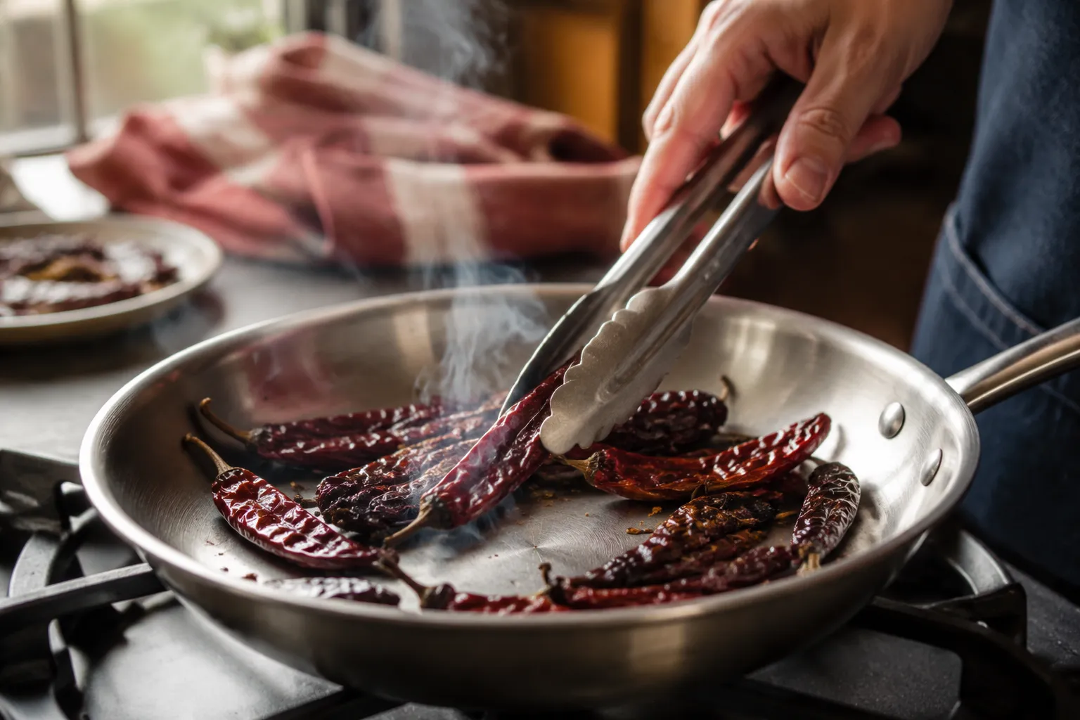 Toasting dried ancho and guajillo chiles for machaca sauce