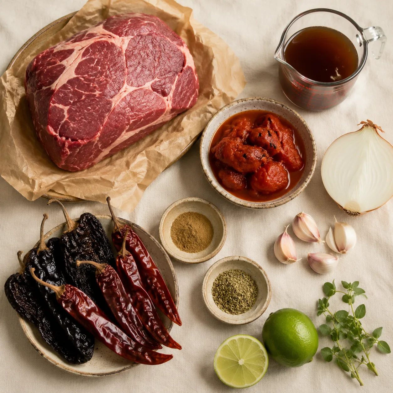 Machaca ingredients flatlay with chuck roast, dried chiles, and spices
