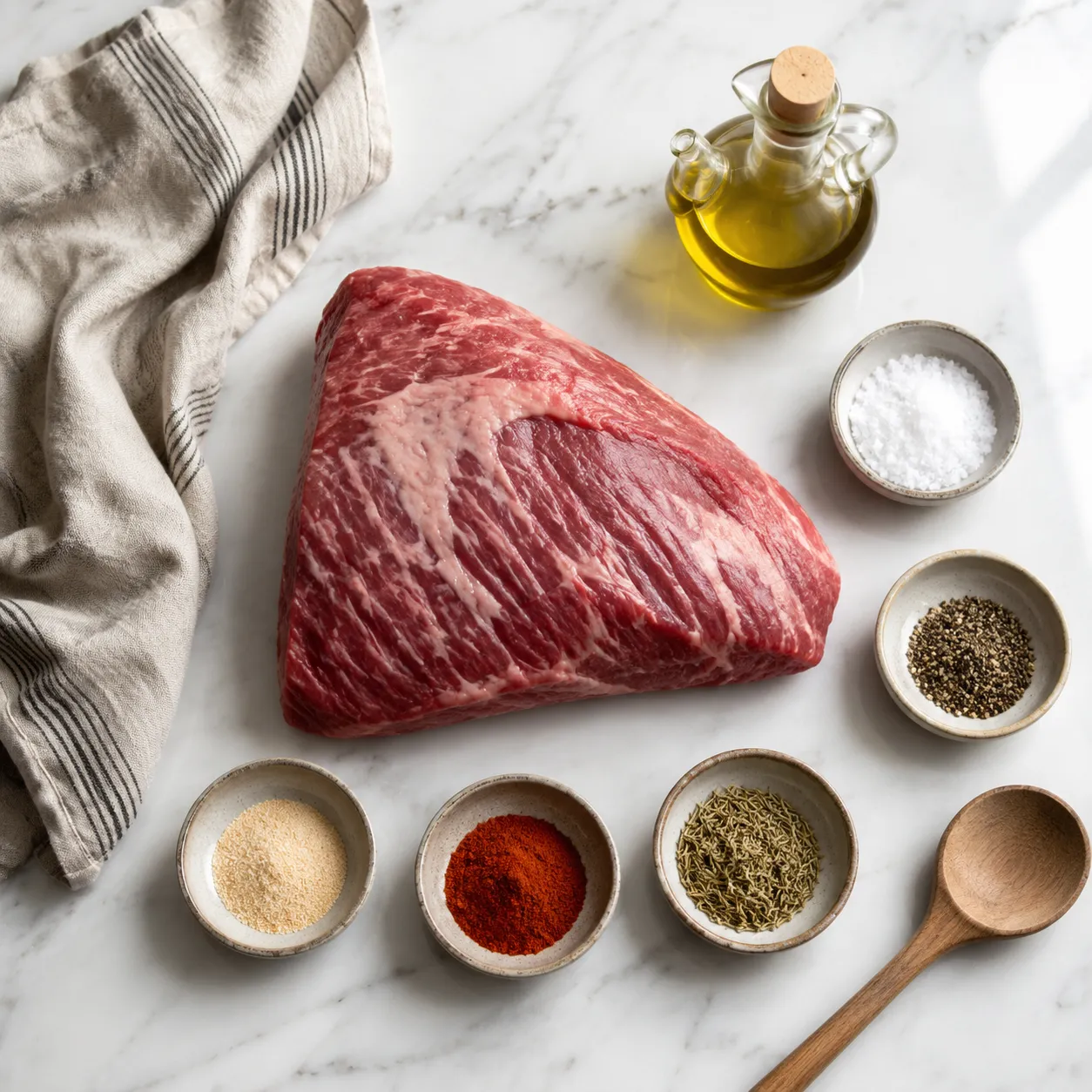 Tri tip steak ingredients flatlay with dry rub spices and raw roast