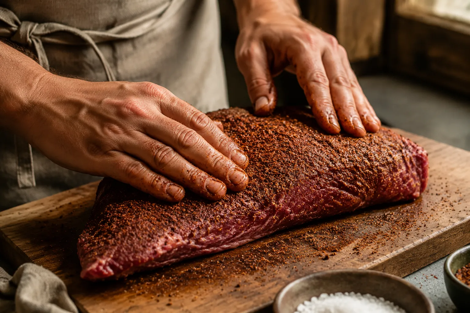 Hands seasoning a raw tri tip steak with dry rub before grilling
