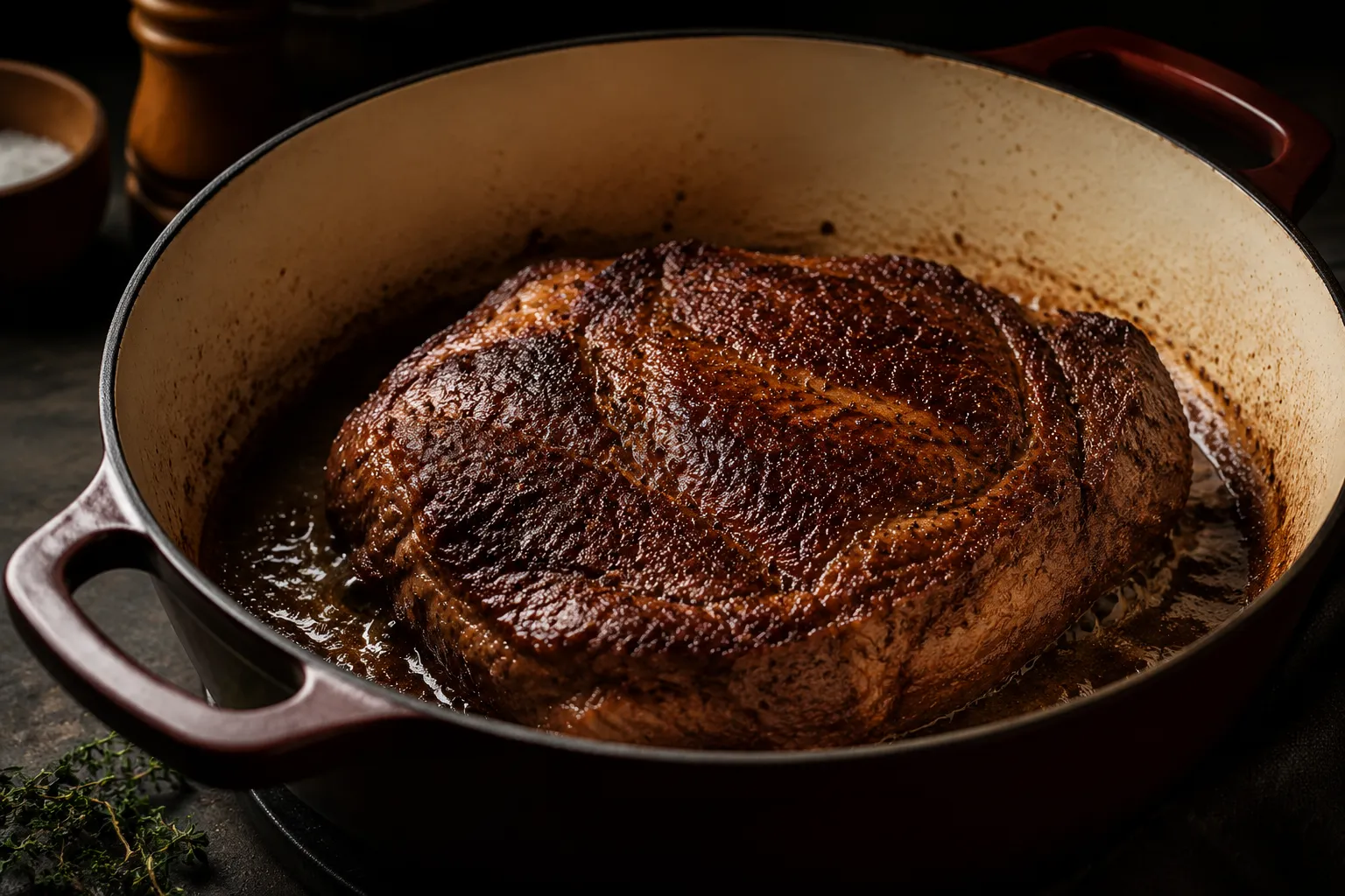 Searing chuck roast for braised machaca in a Dutch oven