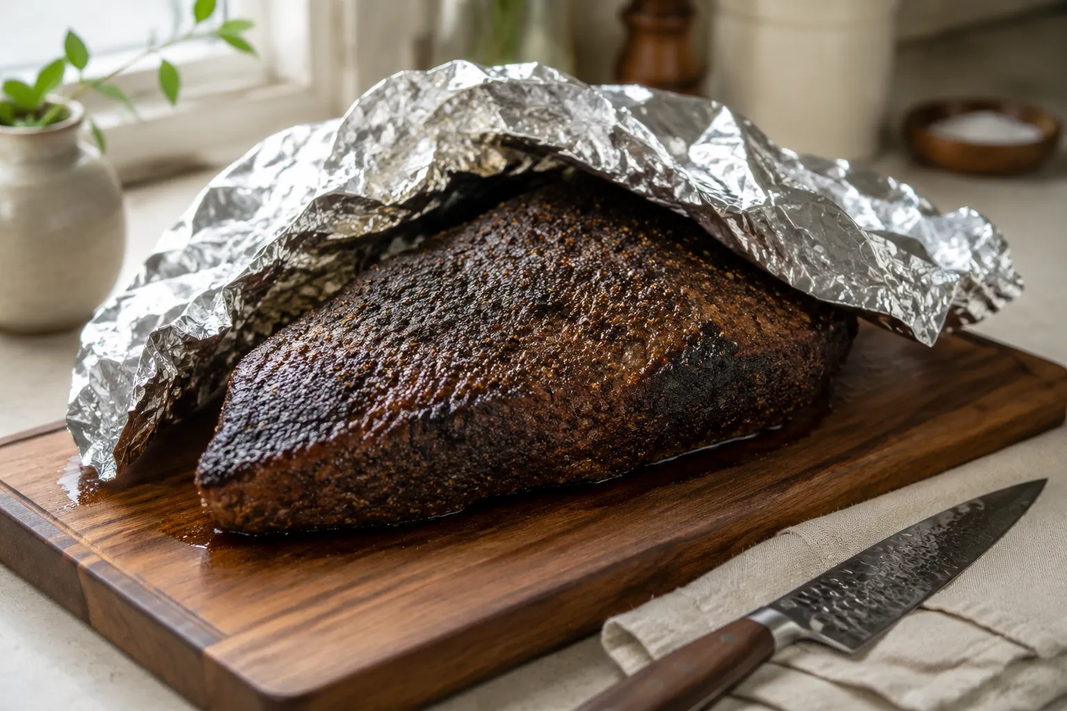 Whole tri tip steak resting under foil before slicing