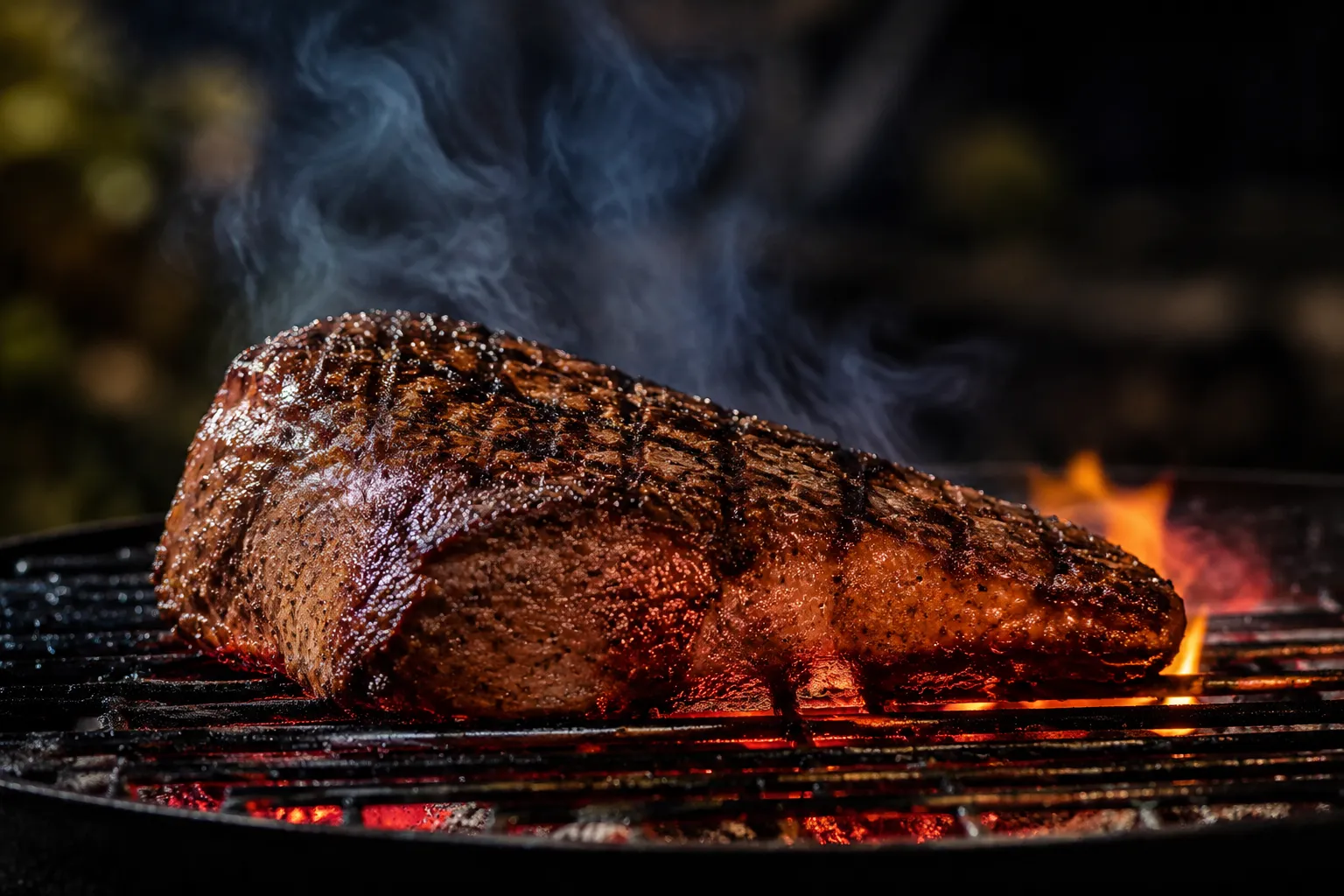 Tri tip steak searing on a hot grill with smoke and grill marks