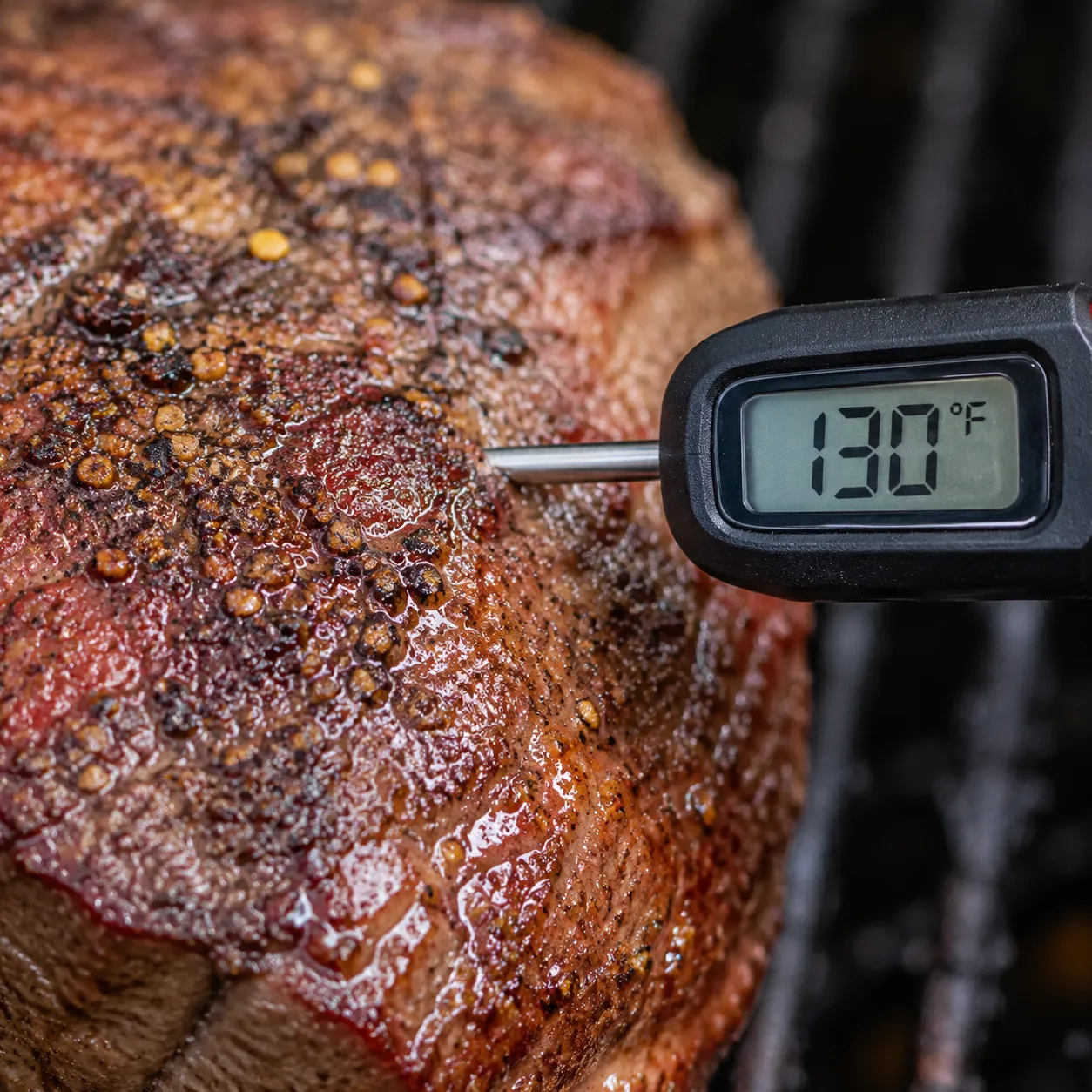 Meat thermometer reading 130°F in a medium-rare tri tip steak