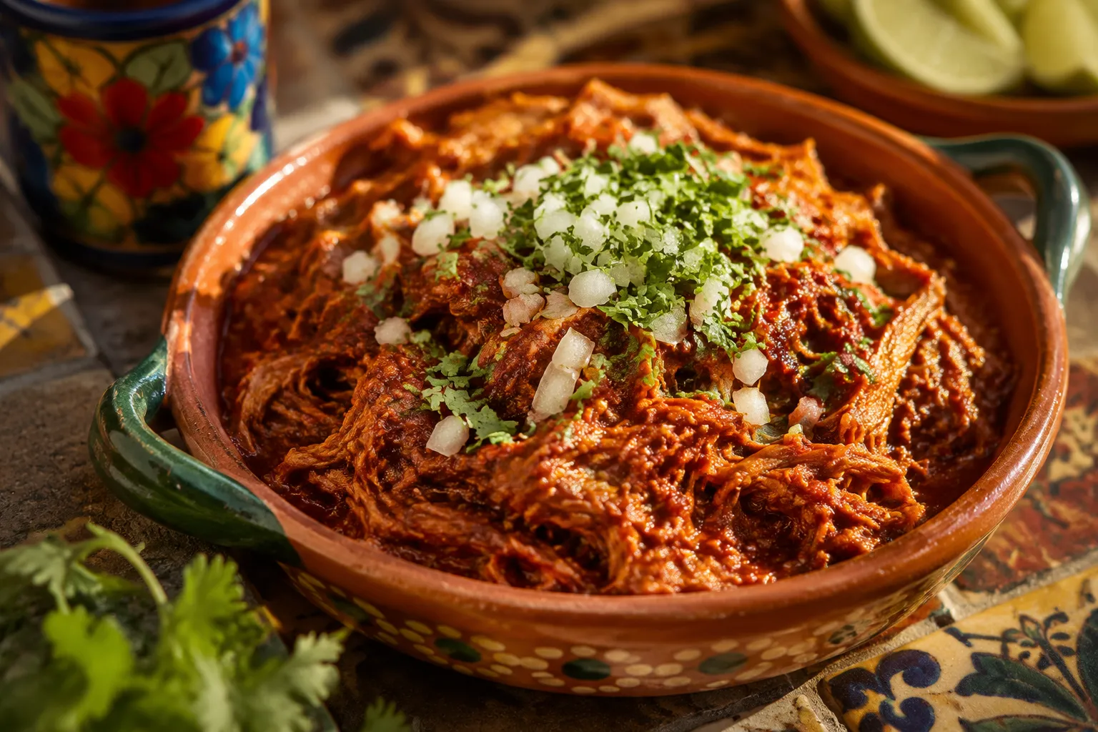Finished machaca recipe in a clay cazuela with cilantro garnish
